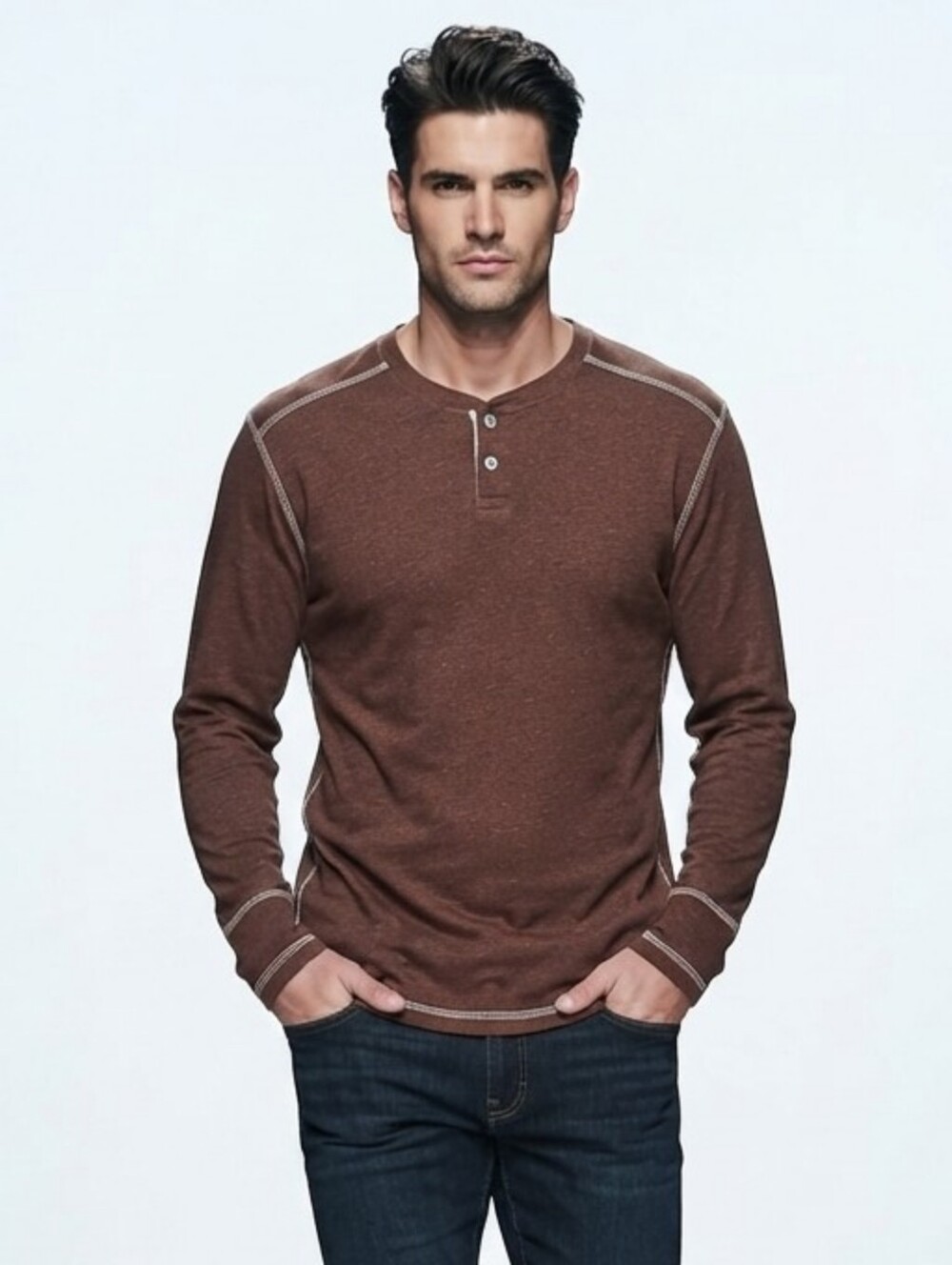 BKE Men's Brown Heathered Long Sleeve Henley Shirt Size 2XL Rugged Outdoorsy